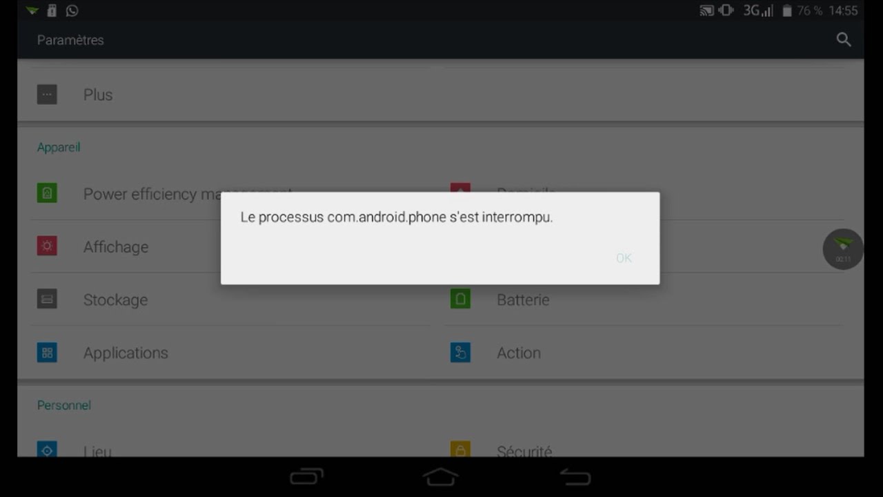 le processus com.android.phone s'est arr&ecirc;te