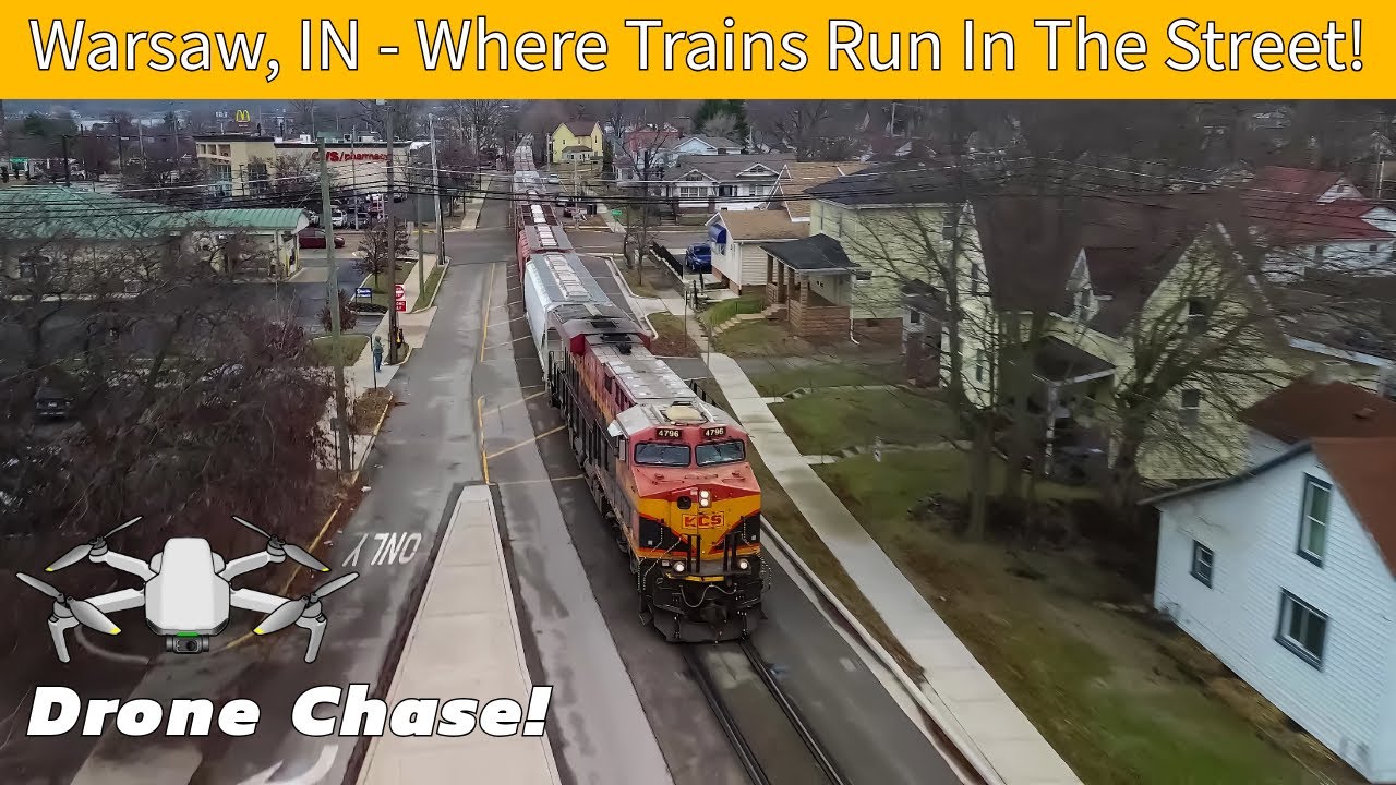 Street Running! KCS on NS 60P in Warsaw, IN - Drone Railfanning