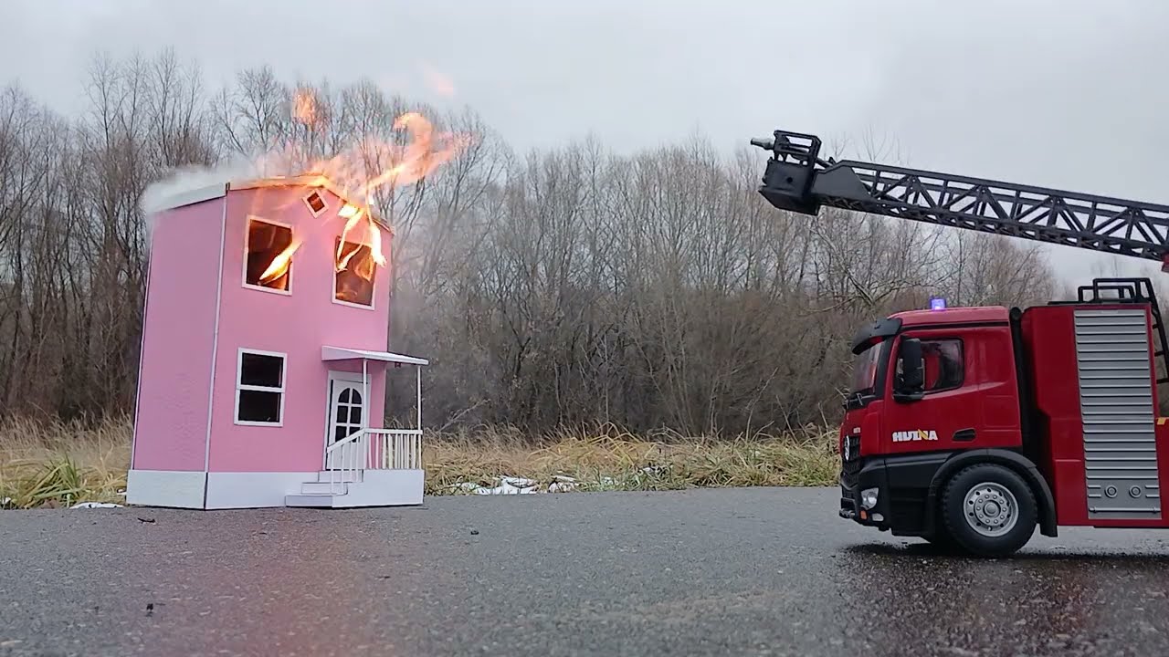 Doll house burning and RC fire truck
