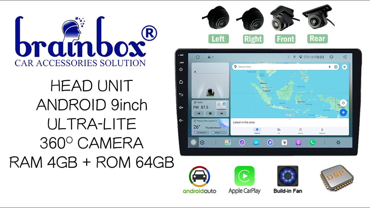 Brainbox Headunit Android Ultra Lite 4GB + 64GB with 360 Camera Head Unit TV Mobil 2 Din Double Din