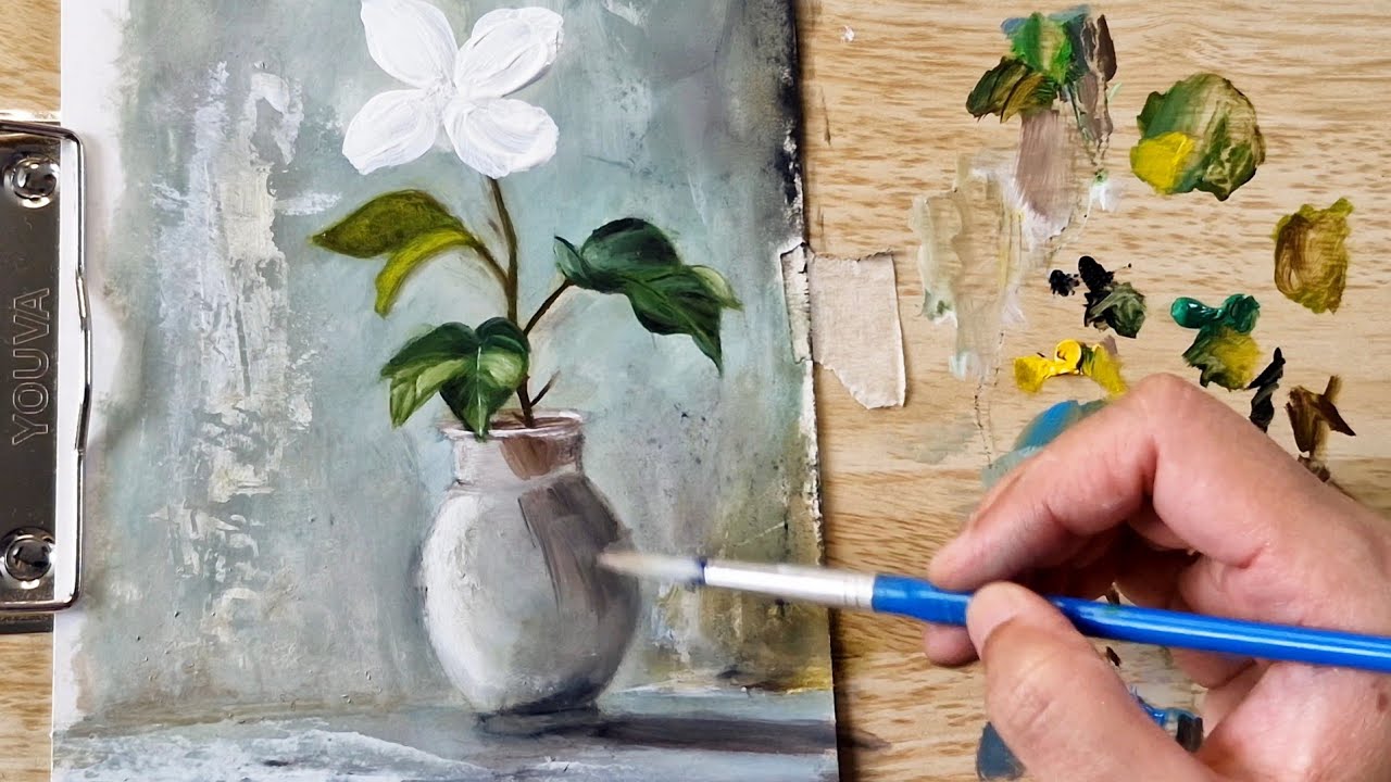 Painting Flower and pot with oil paint/  Painting stilllife with oil paint 