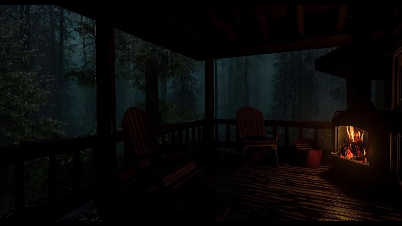 No Ads🔥 Rainstorm on a Tin Roof Porch ⛈️Fireplace Crackles & Soft Storm for Deep Sleep & Relaxation