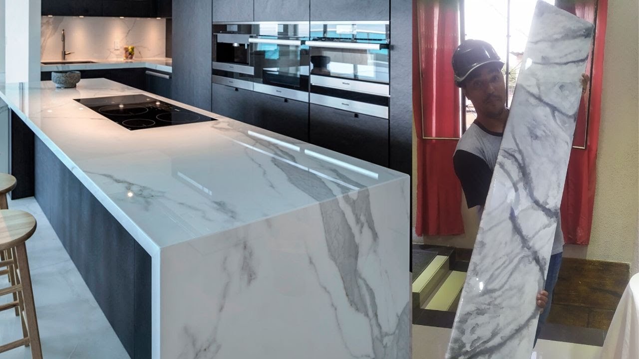 porcelanato liquido branco de carrara em bancada de granito pia, chão , mesa de mdf