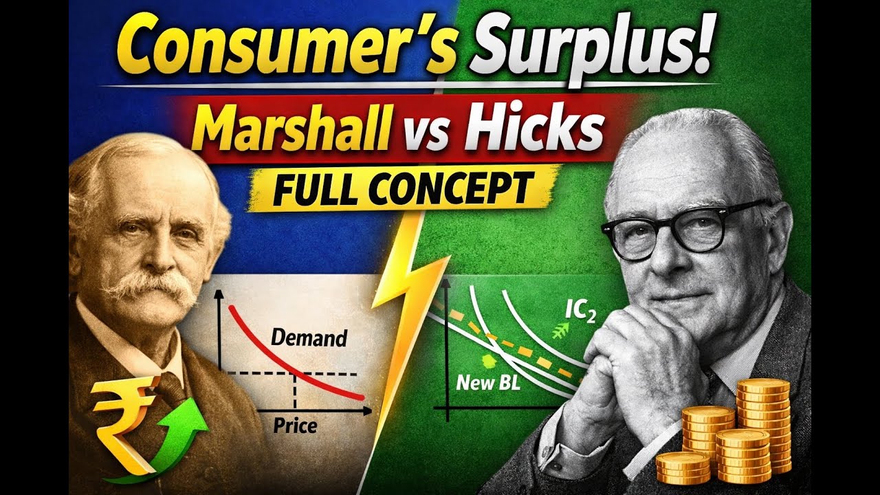 Consumer’s Surplus Explained | Marshall & Hicks | Indifference Curve Analysis | Economics