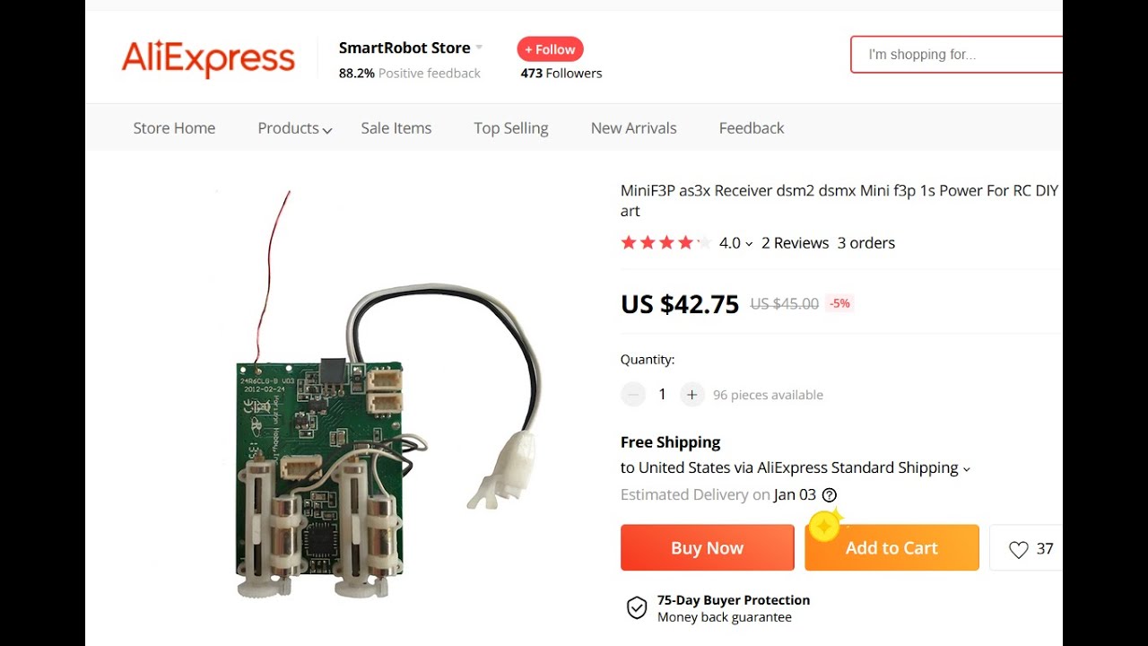 DSMX/DSM2 Receiver with AS3X and Brushless Control from AliExpress.