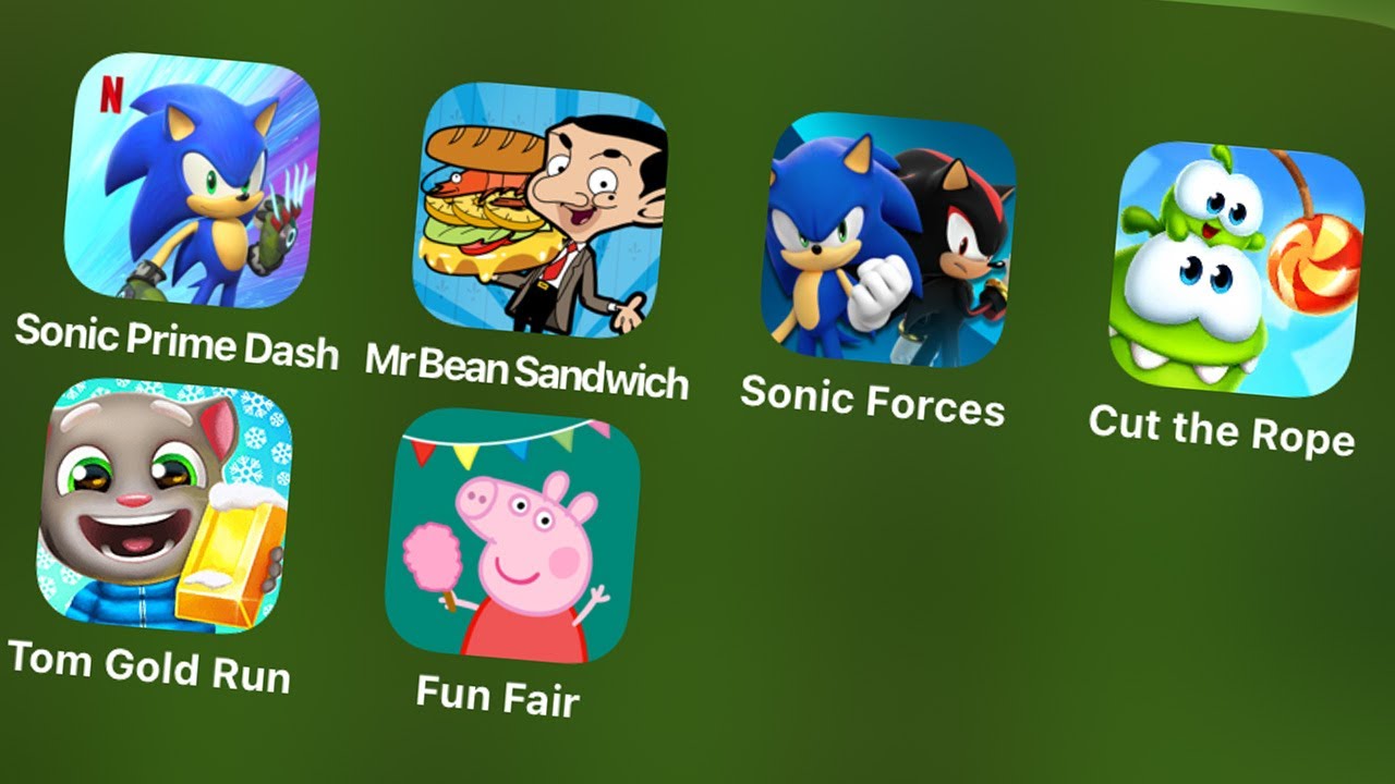 Sonic Prime Dash,Mr Bean Sandwich,Sonic Forces,Cut the Rope Remastered,Talking Tom Gold Run