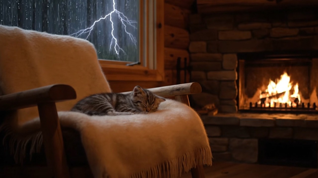 Tiny Kitten Sleeping by the Fireplace 🔥 Rain & Thunder Sounds for Deep Sleep
