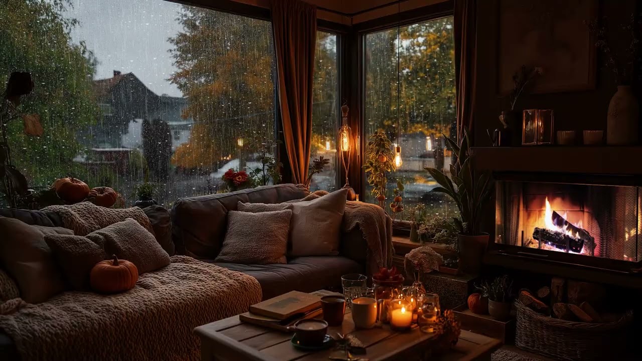 Window Rainfall at Night 🌧️ Fireplace ASMR for Deep Sleep (3 Hours)