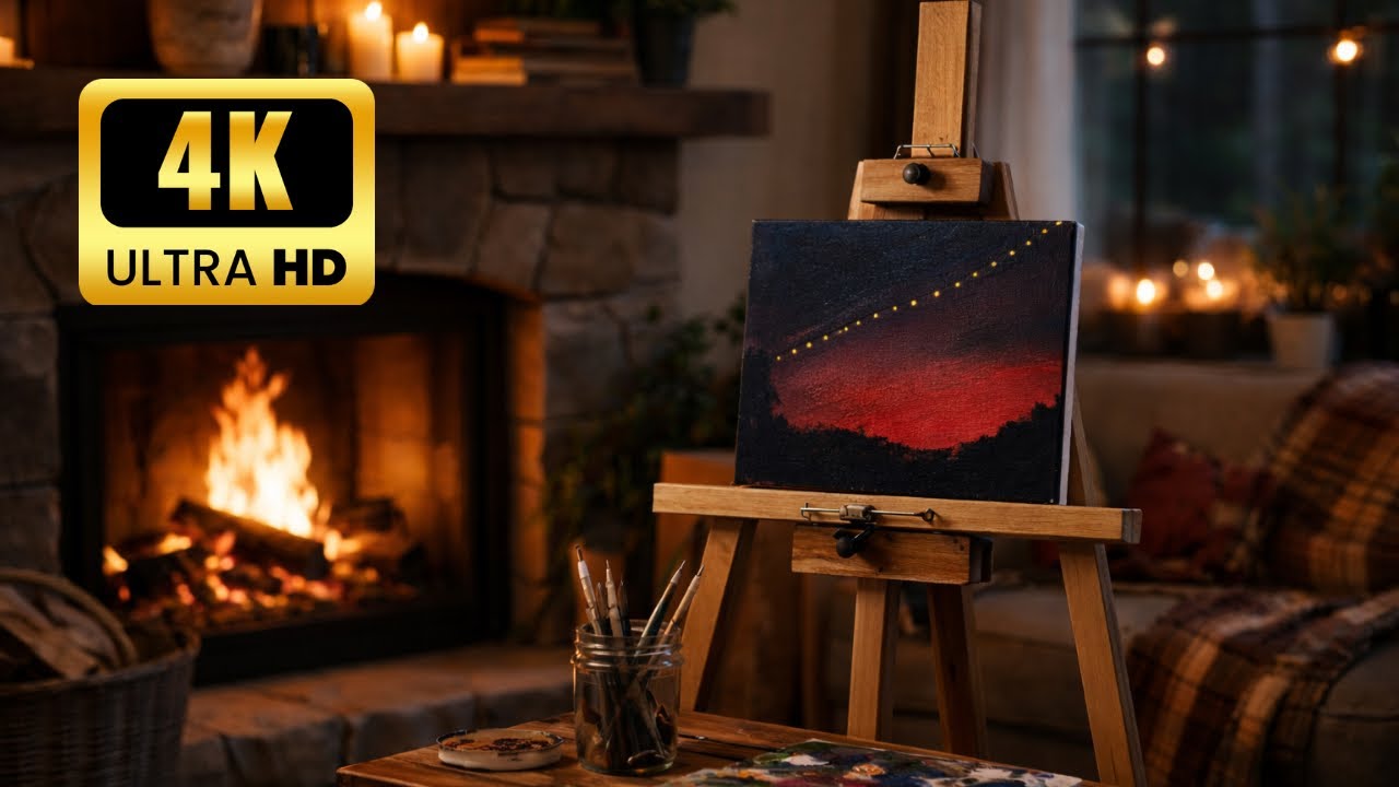 4K | Cozy Fireplace Ambience 🔥 2 Hours of Crackling Fire Sounds | Quiet Art Studio Night