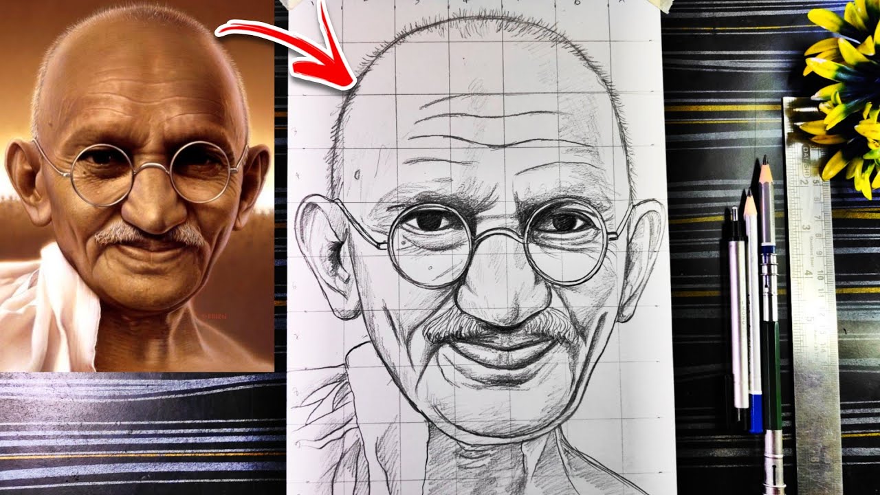 How To Draw Mahatma Gandhi With Grid Mathod, Gandhi Jayanti Drawing Step By Step, Pencil Drawing