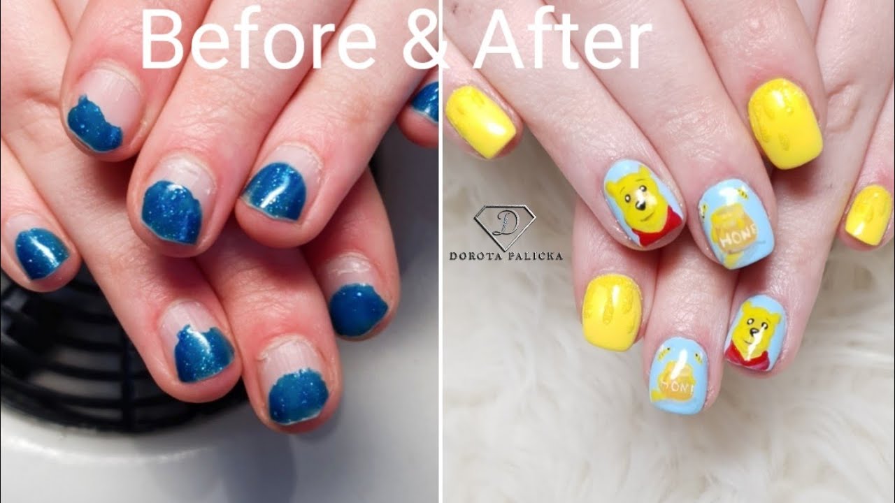 Short nails metamorphosis. Nail extensions with gel in the bottle. Winnie the Pooh nail art.