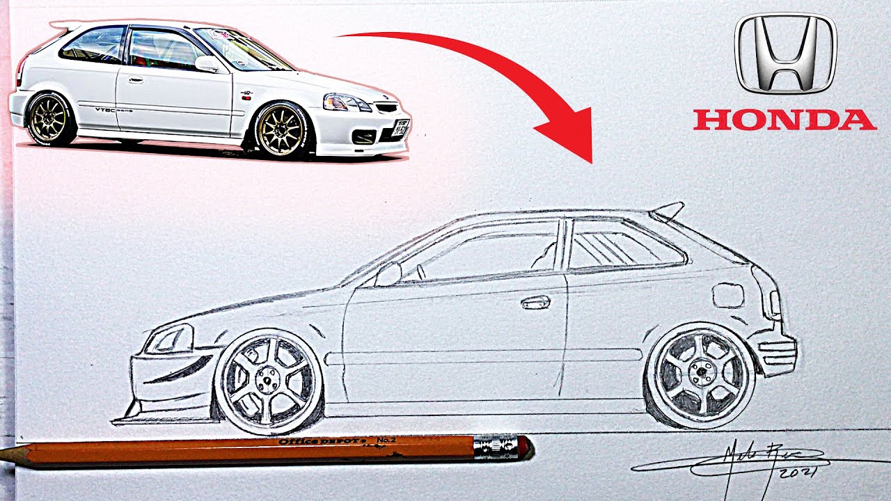 COMO DIBUJAR UN AUTO - HONDA CIVIC EK 2000 a LAPIZ PASO A PASO