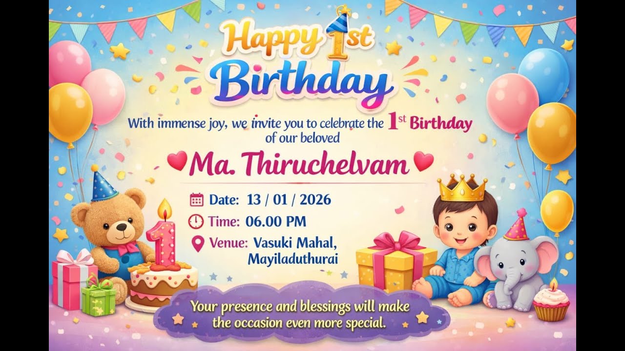 Happy 1st birthday Ma.Thiruchelvam    Date. 13/01/2026Time. 06.00 Pm