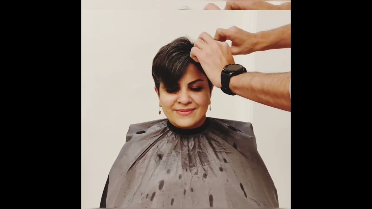 woman haircut short to pixiecut in barbershop by barber 💈