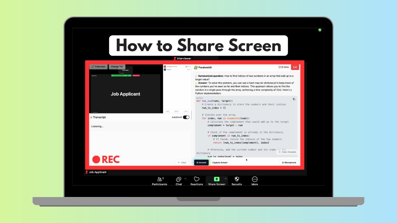 ParakeetAI Web/Browser Version - How to Share a Screen on a Job Interview