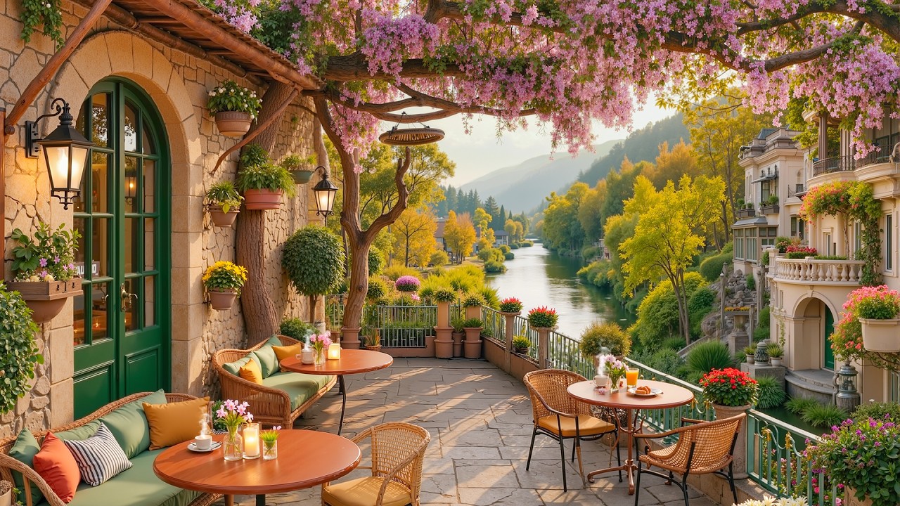 Riverside Café & Relaxing Jazz 🌸 Tranquil Porch Coffee & Warm Ambience for Relax and Study