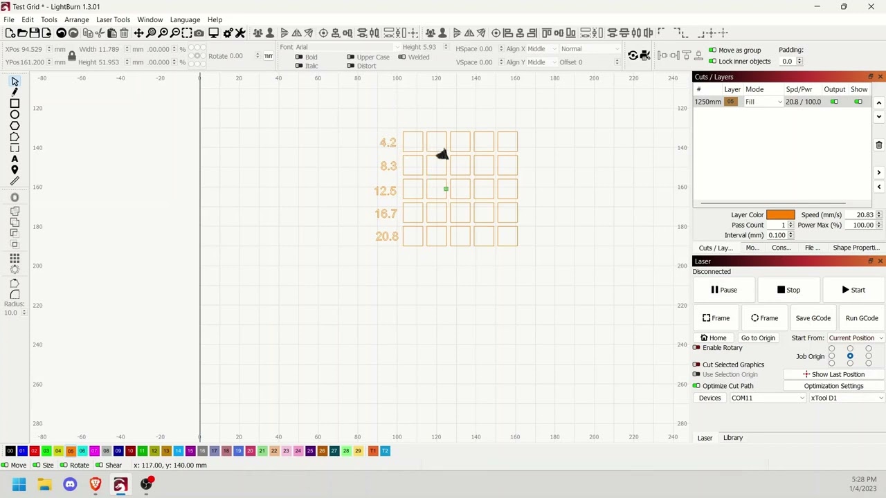 Creating your own speed/power test grid in Lightburn