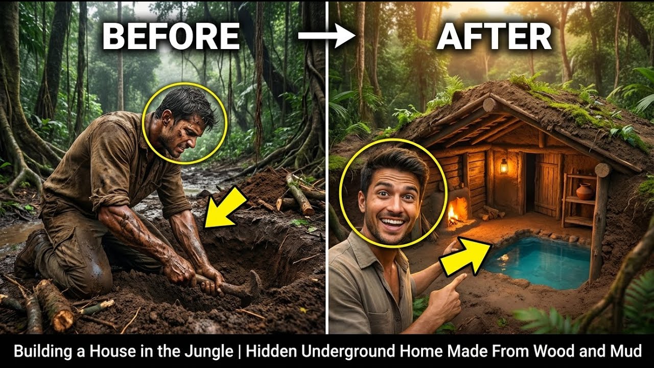 Building a House in the Jungle | Hidden Underground Home Made From Wood and Mud