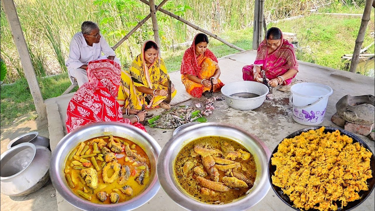 পুকুরের জ্যান্ত মাছ দিয়ে পাতলা ঝোল রান্না সাথে ভেলে মাছের টক আর মোচা চিংড়ি মাছ বাটা || fish curry