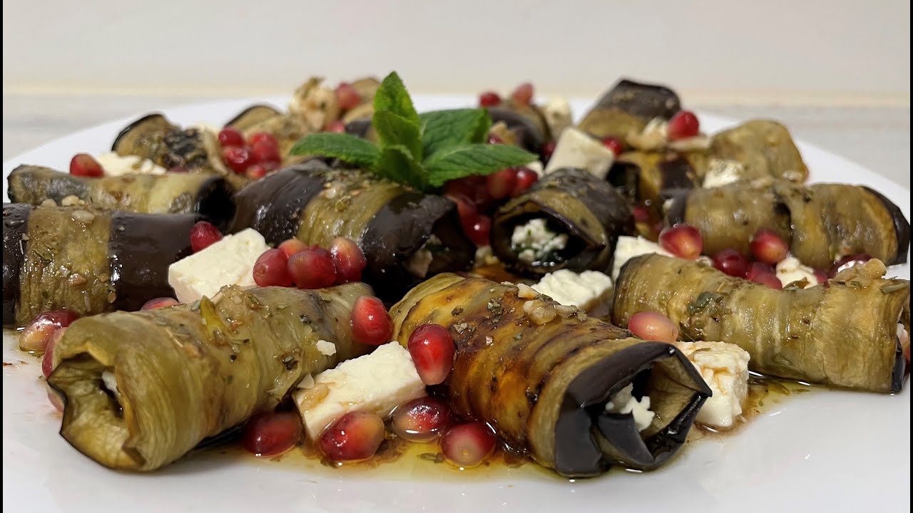 Als Vorspeisen Teller-Auberginenröllchen mit Fetakäse gefüllt! Ganz einfach u.lecker! Rojins Kitchen
