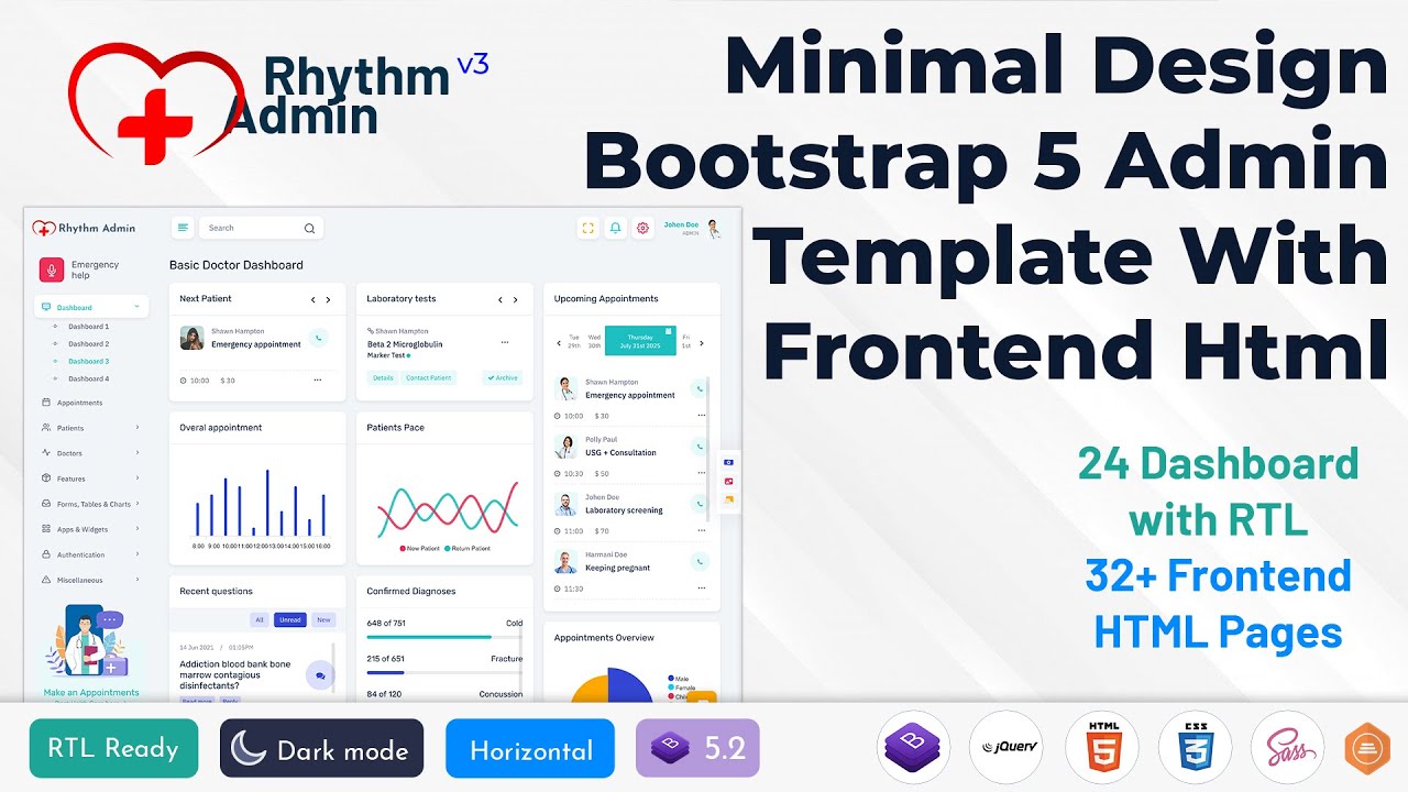 Complete Bootstrap Hospital Dashboard for Doctors, Nurses, Patients & Admin Management Systems