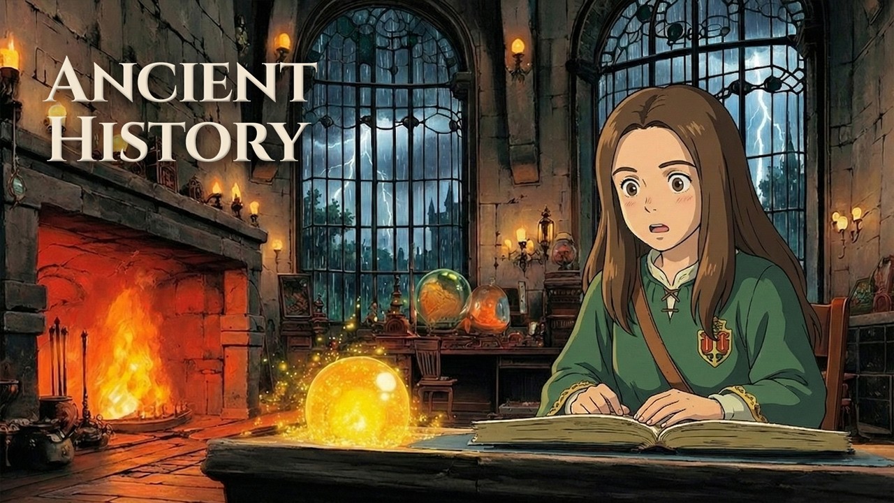 Noka Studies Ancient Magic in a Stormy Classroom ⛈️ Fireplace & Cello | Dark Academia [Ghibli Style]