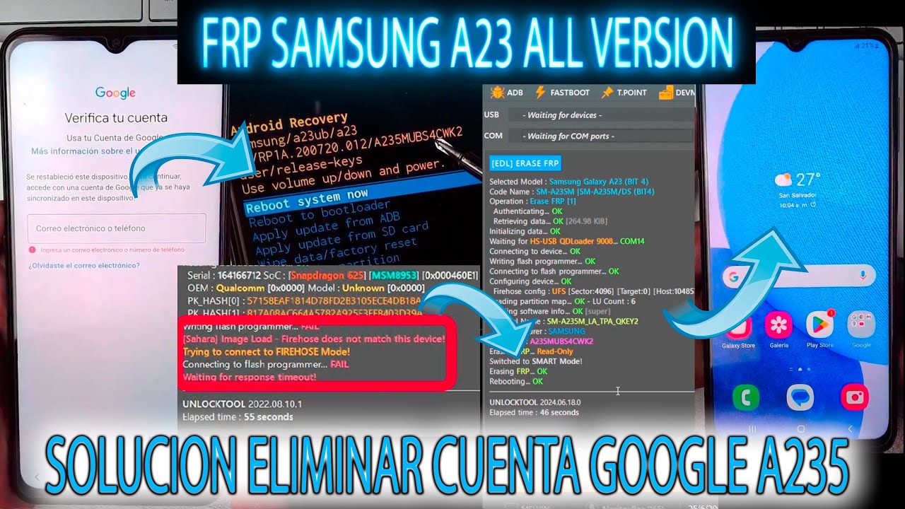 FRP SAMSUNG A23 CON UNLOCKTOOL QUITAR CUENTA GOOGLE BIEN EXPLICADO A235M A235F QUALCOM EDL