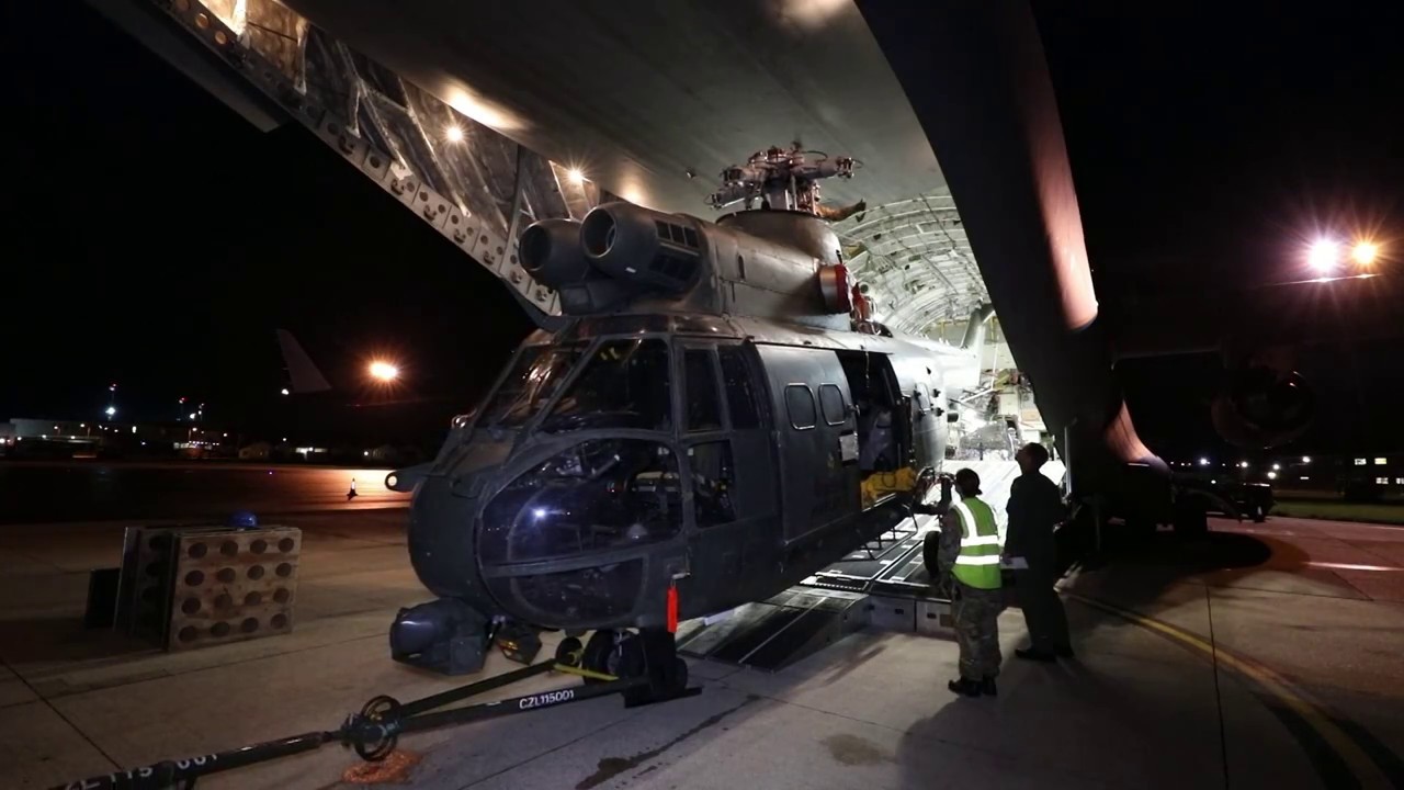 RAF Puma loading onto C17 Globemaster