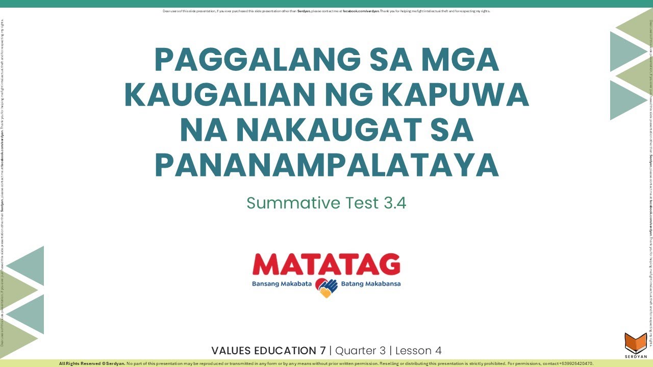 Values Education 7 - Q3 - Summative Test 4 - Paggalang sa mga Kaugalian ng Kapuwa na Nakaugat sa Pan
