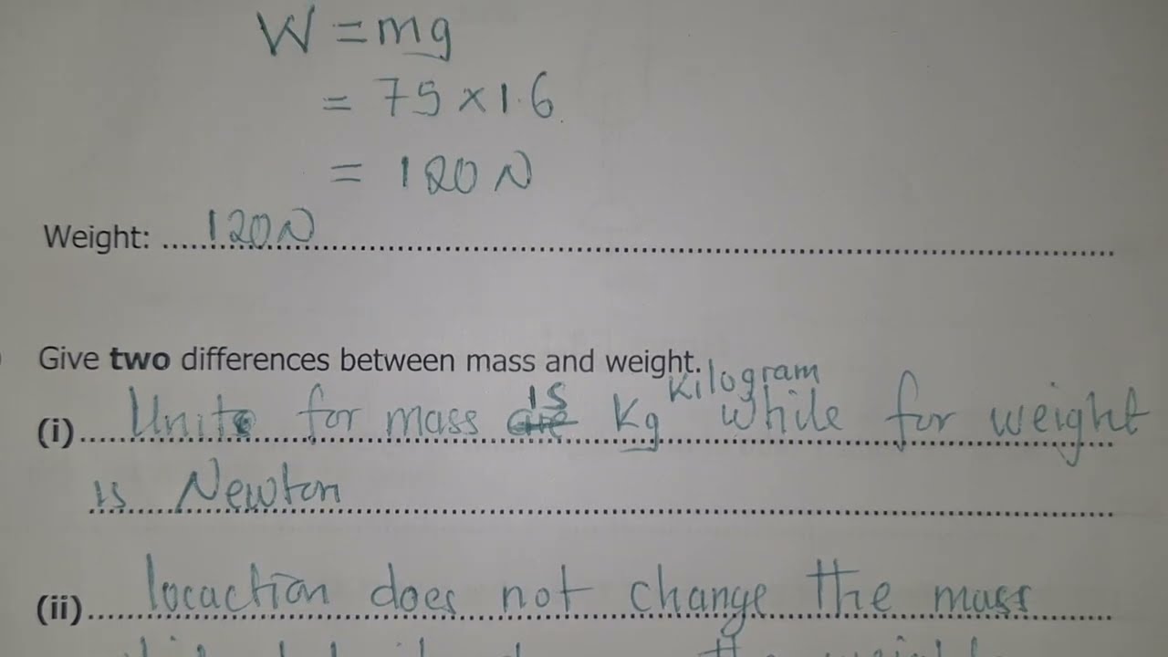 Mass and weight exam questions - Physics