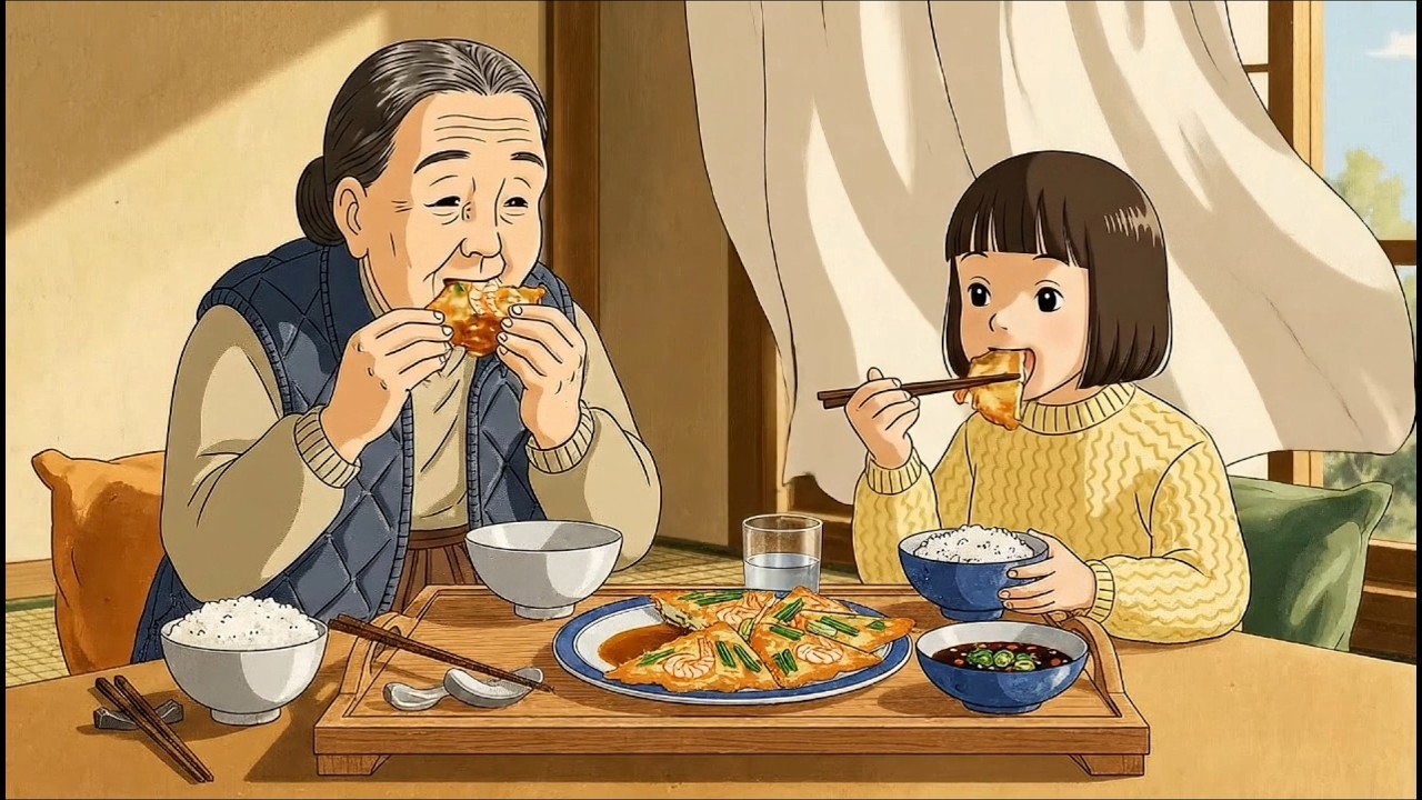 cozy winter with my grandma - cooking asmr korean seafood scallion pancakes - ghibli day
