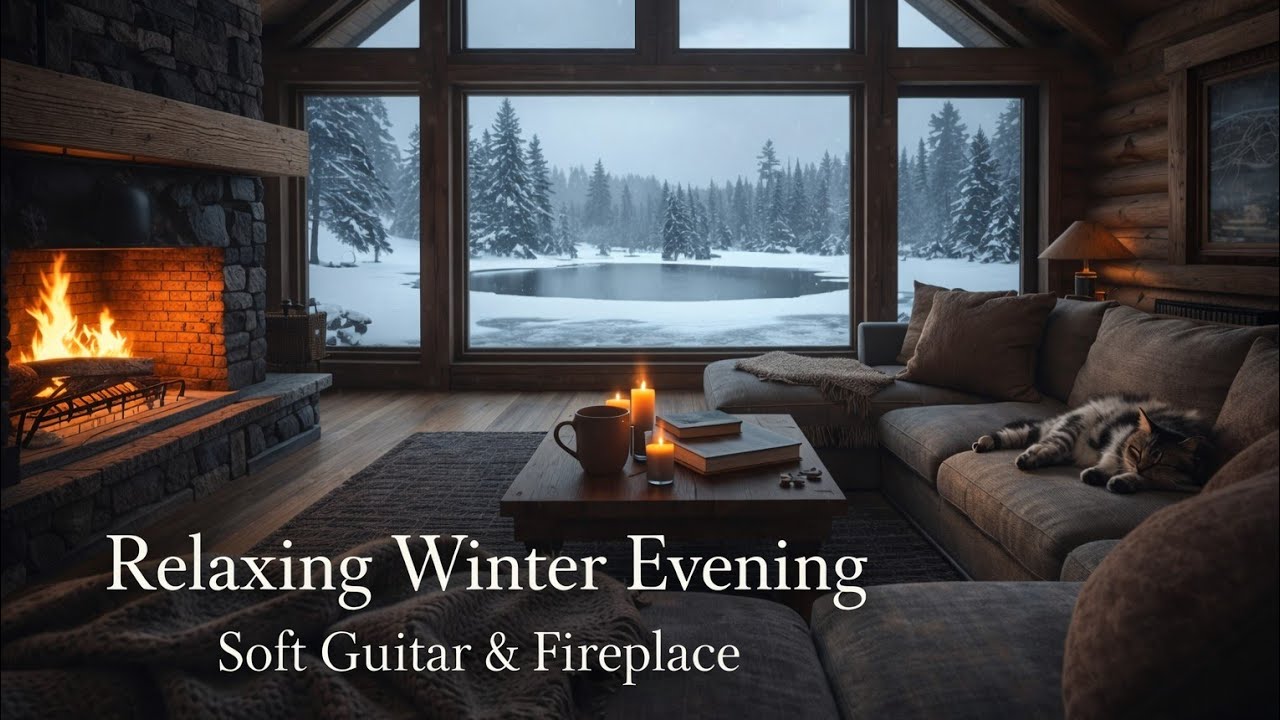 Relaxing Winter Evening | Gentle Classic Guitar & Fireplace Ambience with Sleeping Cat 🐱