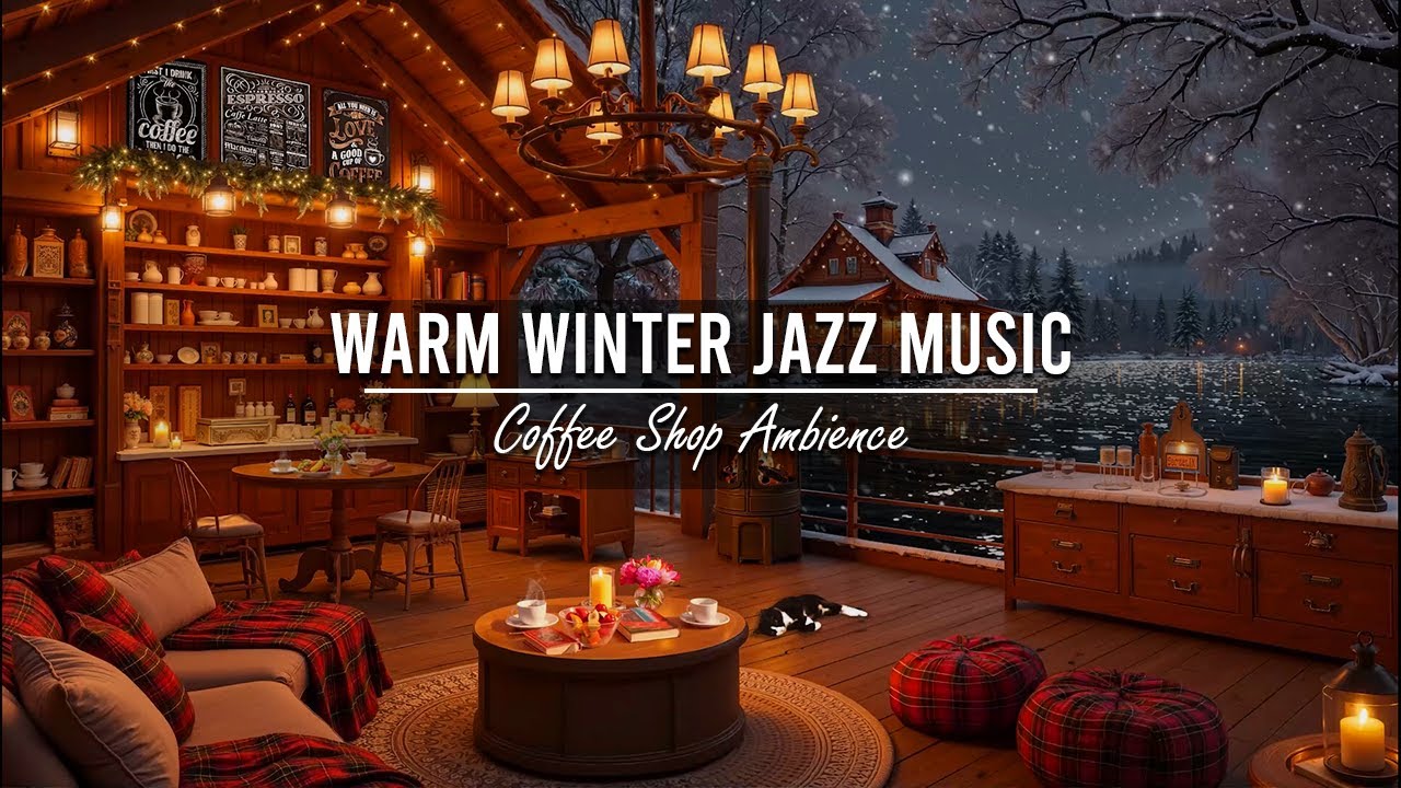 Stress Relief with Warm Jazz Music ☕ Cozy Winter Lakeside Porch Ambience ~ Smooth  Jazz Instrumental