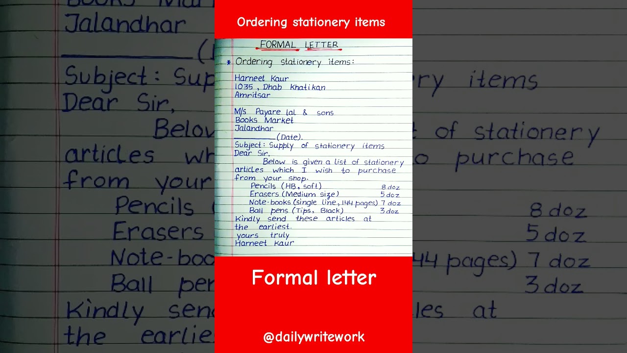 Formal letter - ordering stationery items - english