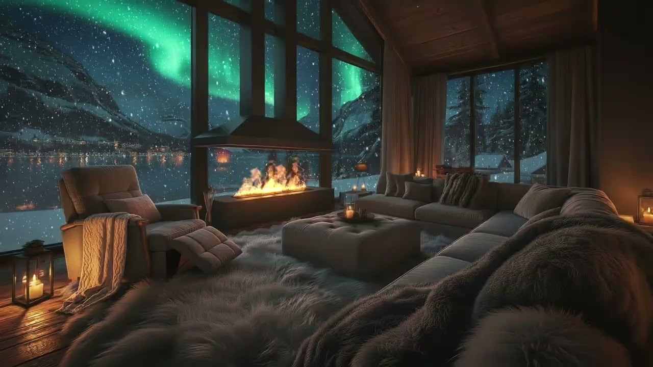 Cozy Cabin Snowfall ❄️ | 8H Snow Sounds, Fireplace & Aurora Borealis for Sleep, Stress Relief, Relax