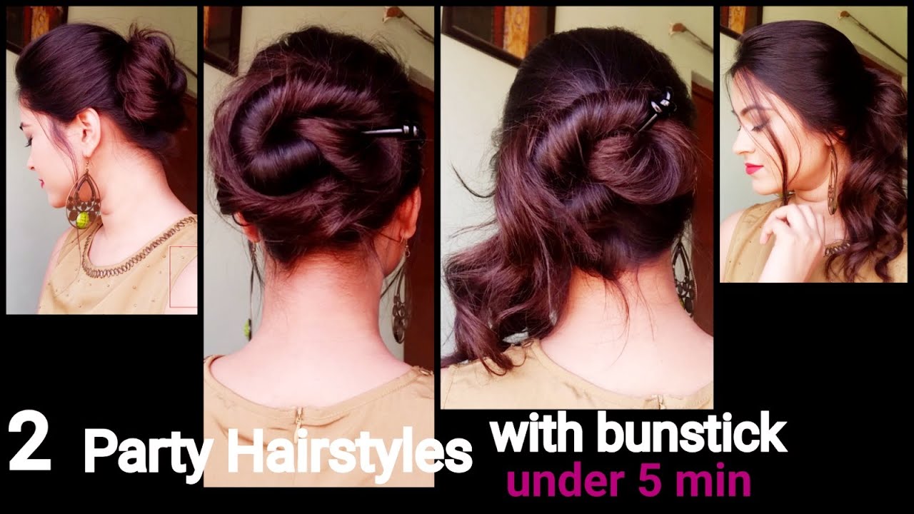 2 party hairstyles for long hair with bunstick//Messy bun//indian hairstyles