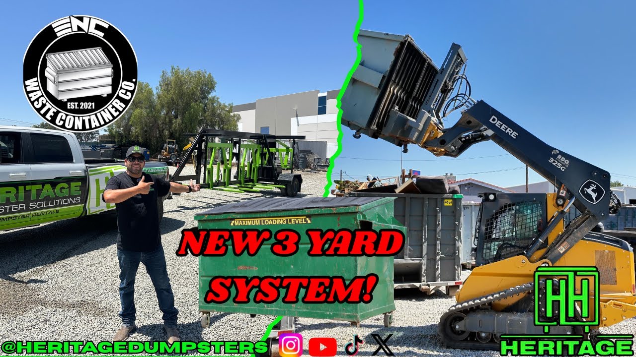 NEW 3-Yard Dumpster System! Custom ENC Trailer + John Deere 325G + Rotating Attachment in Action!