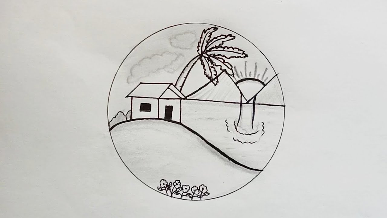 Easy circle drawing || Drawing lesson for beginners || Sunset scenery in circle drawing 