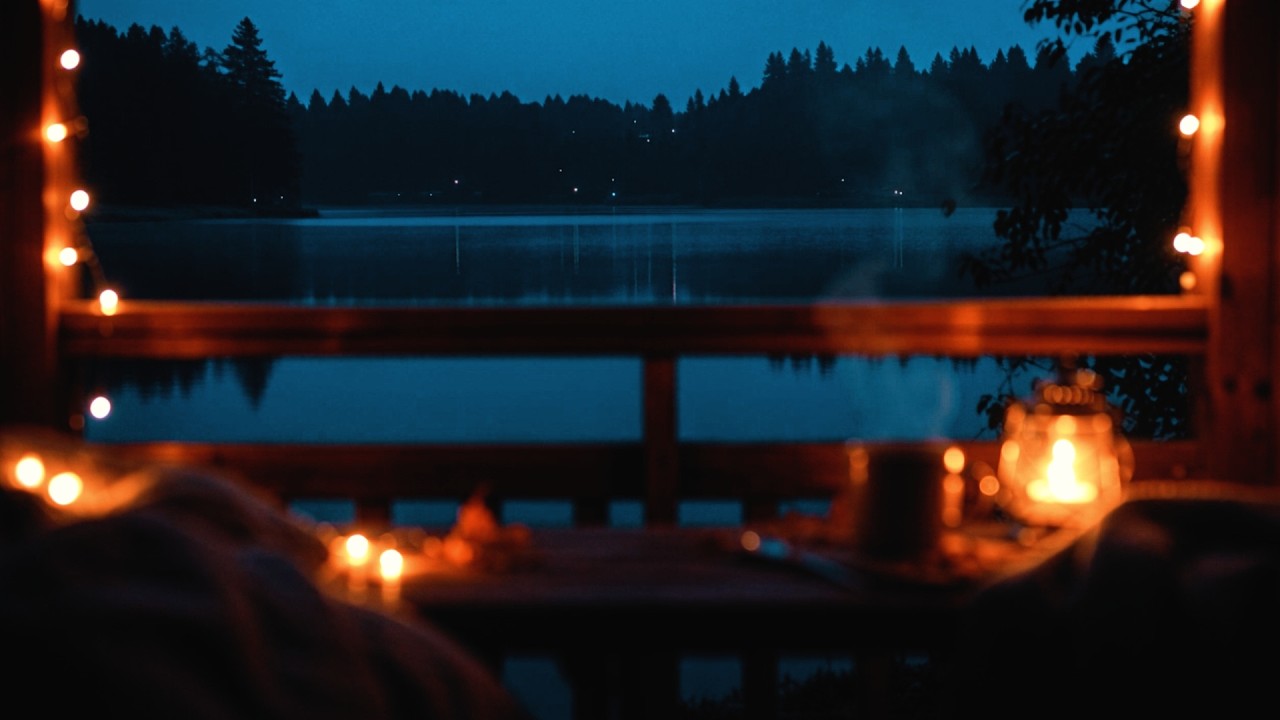 Calm music to ease depression & find peace • Cozy night view lake, full moon & hot mug | ønecalm