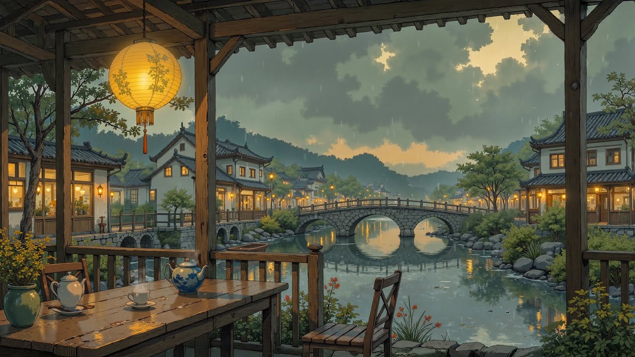 Rainy Riverside Town in Japan 🌧️ Lantern Glow & Silent Bridge | Lofi Beats for Study & Relax