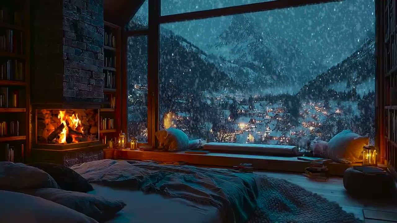 Cozy Winter Night in Cabin | Fireplace Crackling & Snowfall Sounds for Peaceful Deep Sleep