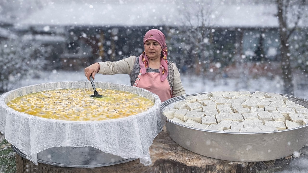 Making Homemade Cheese from Fresh Farm Milk in a Snowy Village