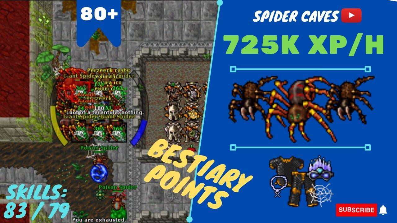 EK SOLO LVL 80+ 725K XP/H - SKILLS 83/79 - BESTIARY POINTS - Spider Caves - TIBIA HUNT