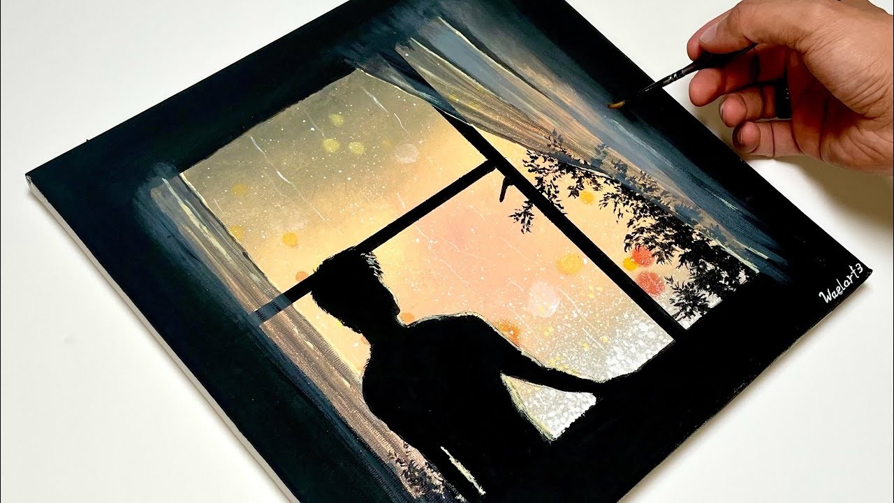 Одинокий мужчина у дождливого окна | Лёгкий акриловый урок