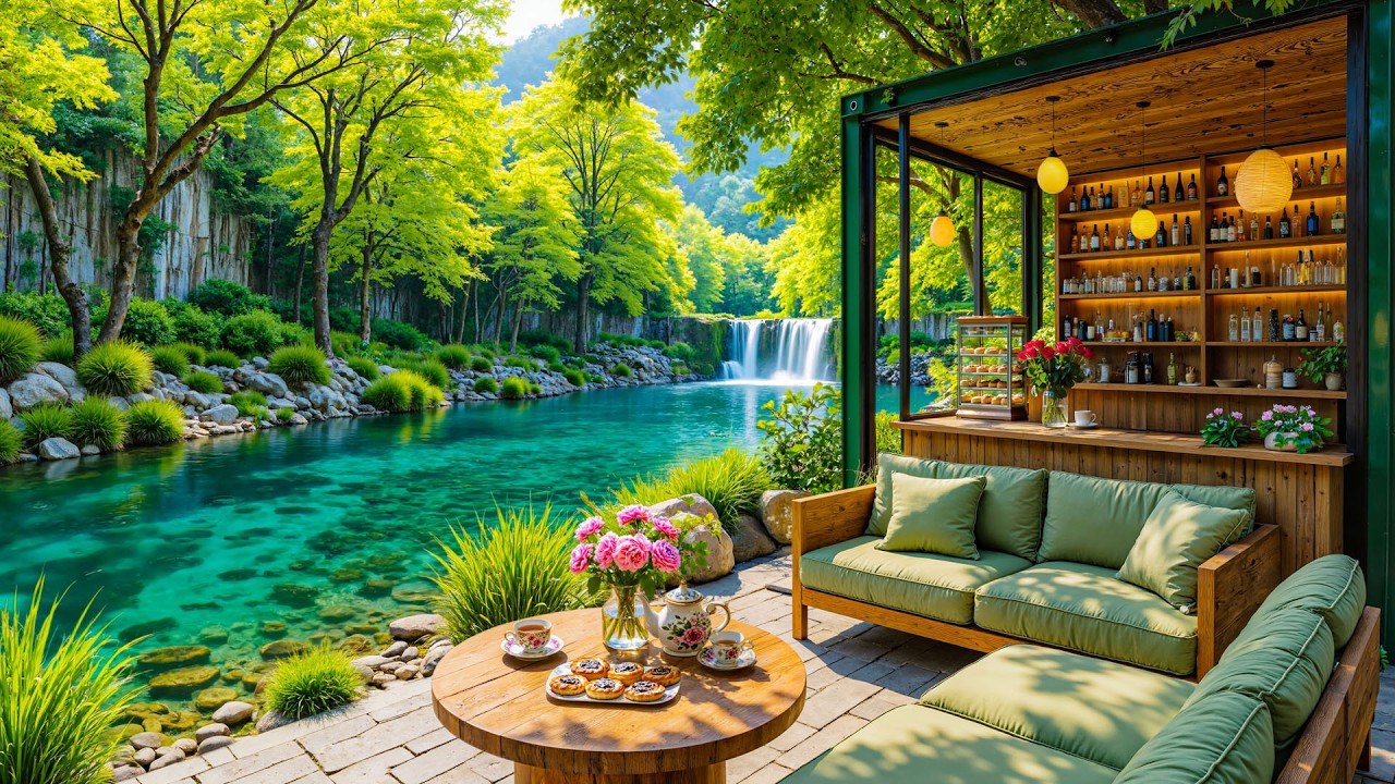 Forest Waterfall Coffee Shop Jazz 🌲 Calm Jazz for Relaxation, Study & Coffee Time