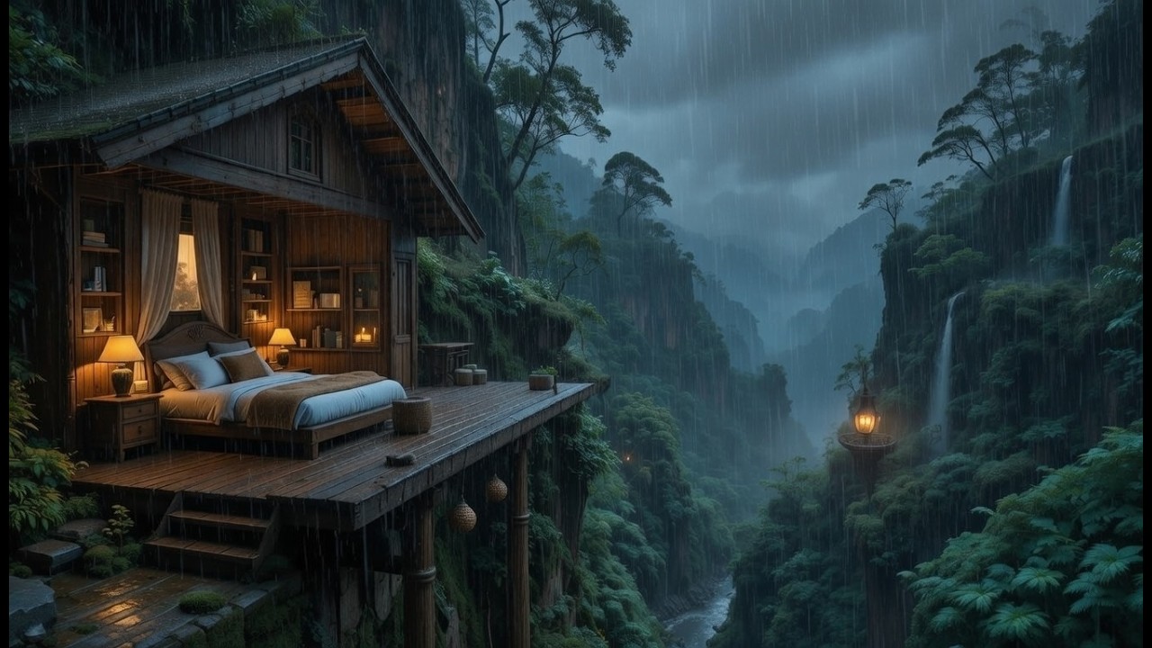 Fall Asleep Faster with Rain Sounds | Night Rain at a Cozy Woodland Cabin