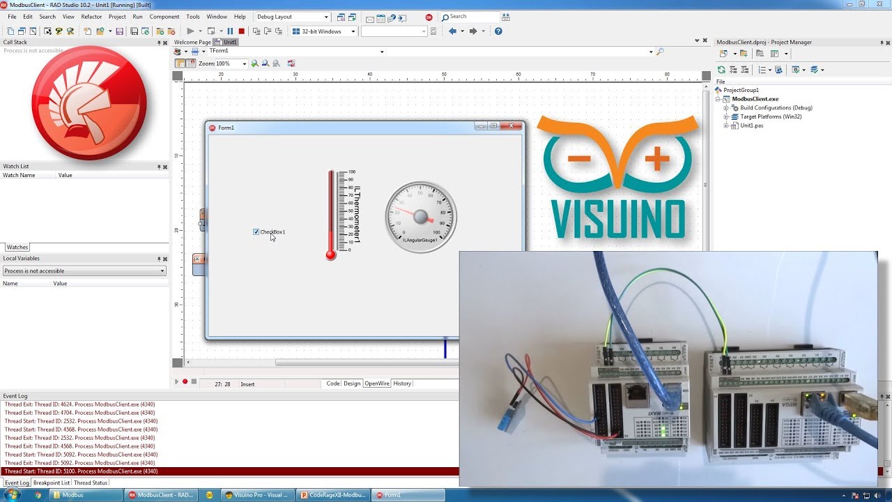 SCADA Modbus Industrial Control Applications, and PLCs with Delphi, Visuino Pro, and OpenWire Studio