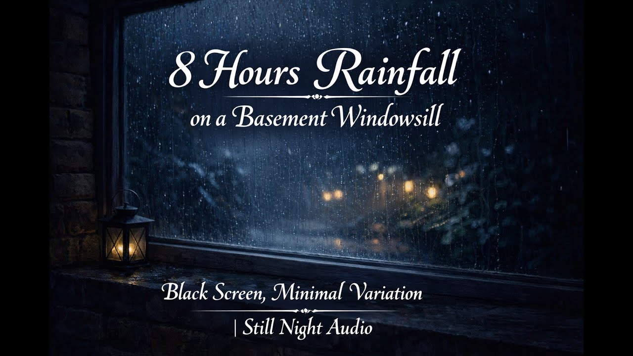 8 Hours Rainfall on a Basement Windowsill – Black Screen, Minimal Variation | Still Night Audio