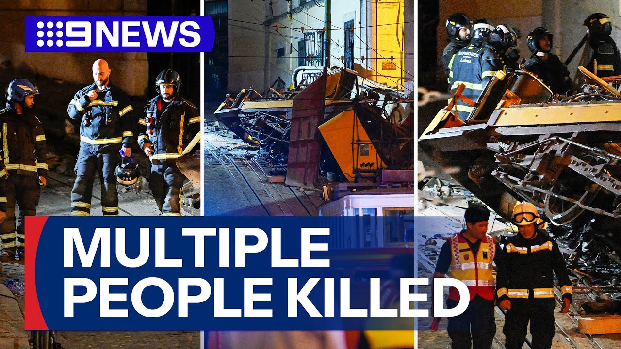 Multiple killed in Lisbon funicular tram crash | 9 News Australia