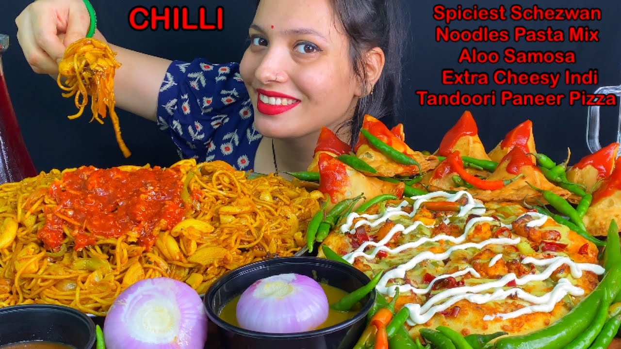 Eating Spiciest🔥 Schezwan Macaroni Noodles Pasta, Extra Cheesy Indi Tandoori Paneer Pizza, Samosa